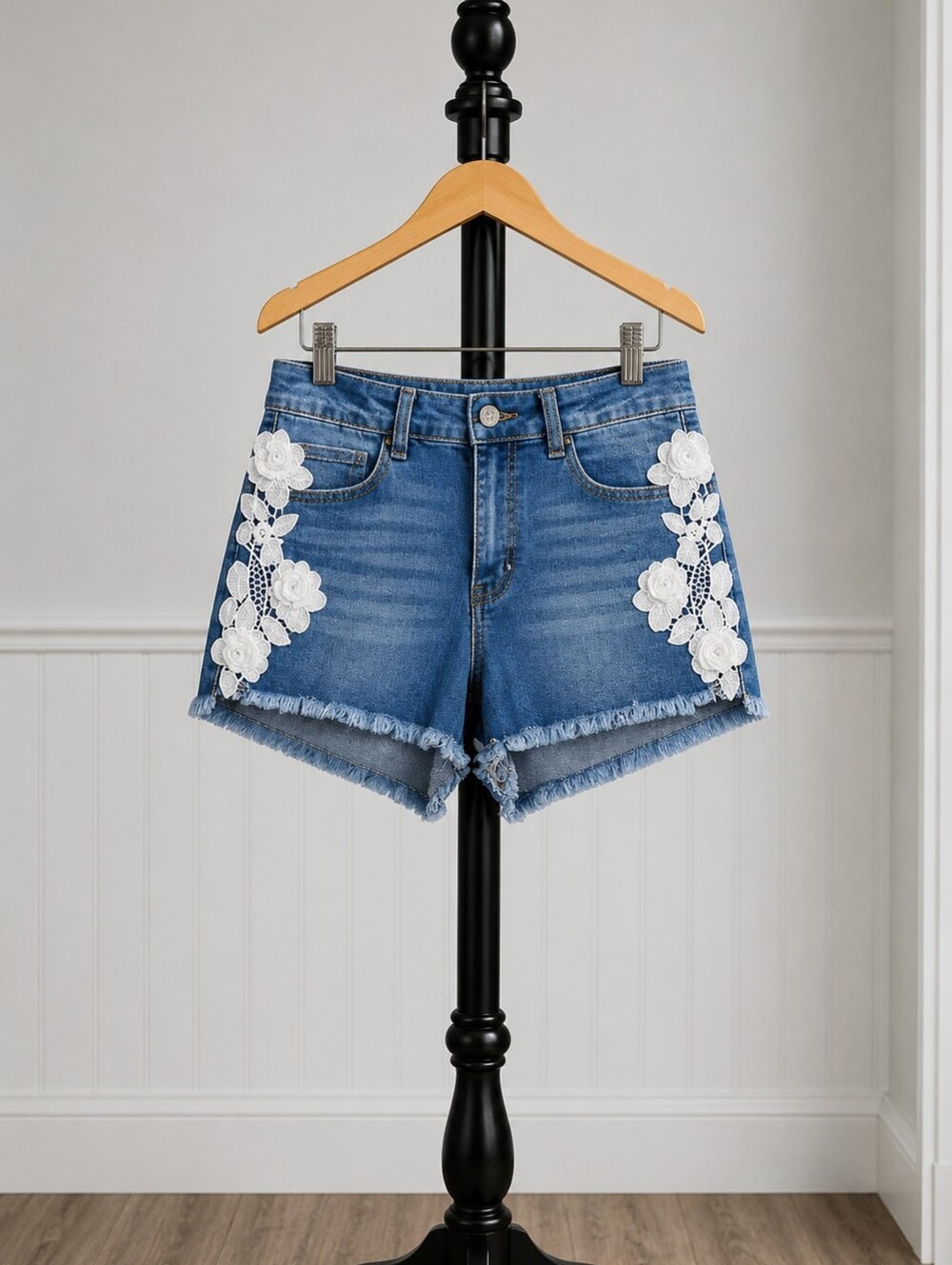Indigo Reign Blue Denim Shorts with White Lace Appliqué